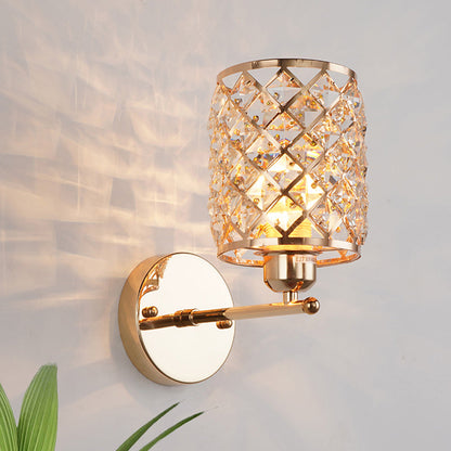 Frendorf | 1-Birne Kristall Eingelassene Wandlicht Kit Einfach Gold Zylindrische Gitter Wohnzimmer Wandleuchte Lampe