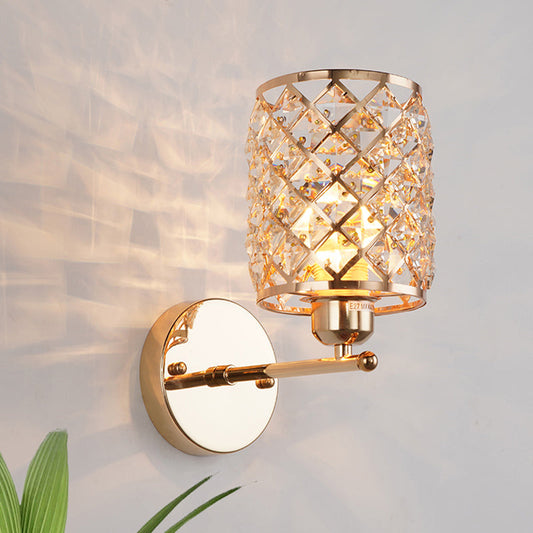 Frendorf | 1-Birne Kristall Eingelassene Wandlicht Kit Einfach Gold Zylindrische Gitter Wohnzimmer Wandleuchte Lampe