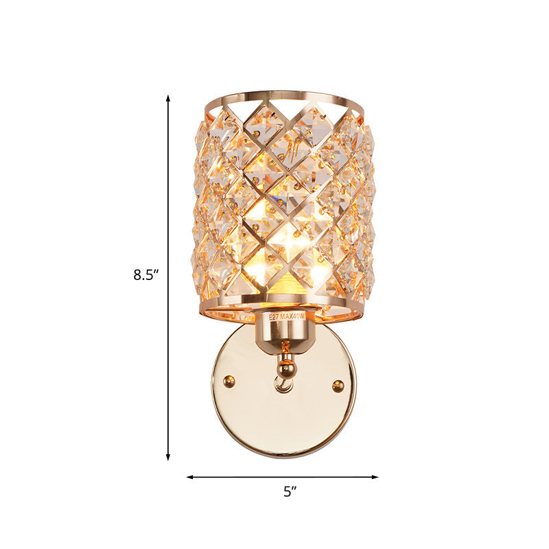 Frendorf | 1-Birne Kristall Eingelassene Wandlicht Kit Einfach Gold Zylindrische Gitter Wohnzimmer Wandleuchte Lampe