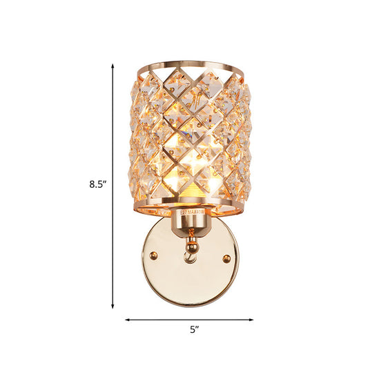 Frendorf | 1-Birne Kristall Eingelassene Wandlicht Kit Einfach Gold Zylindrische Gitter Wohnzimmer Wandleuchte Lampe