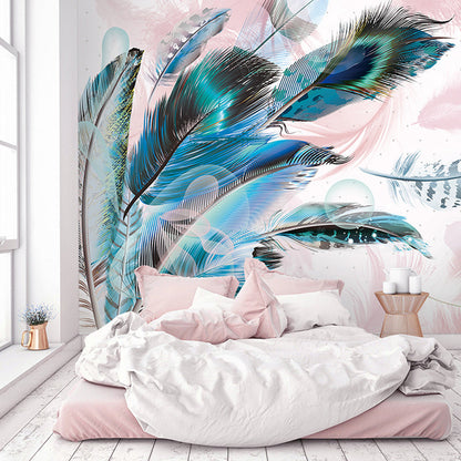 Frendorf | Elegante Feder Wandmural für das Wohnzimmer Chinesische Traditionelle Wandverkleidung in Aqua, Maßanfertigung