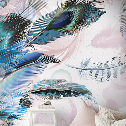 Frendorf | Elegante Feder Wandmural für das Wohnzimmer Chinesische Traditionelle Wandverkleidung in Aqua, Maßanfertigung