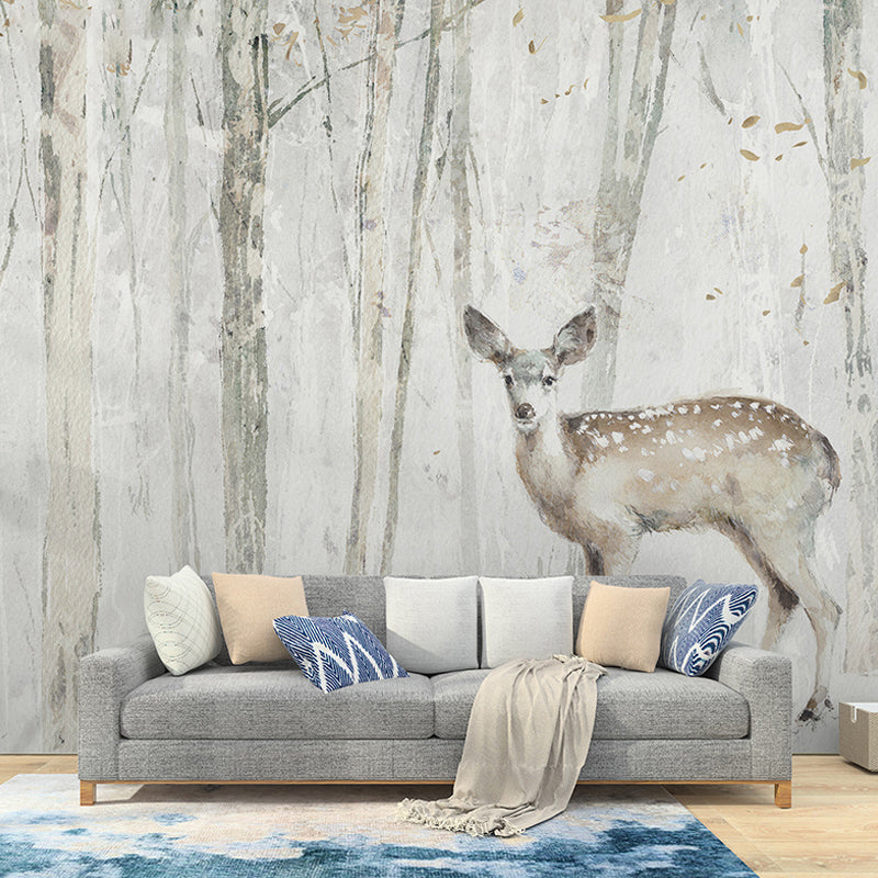 Frendorf | Personalisierte Illustration nordische Wandtapete für das Wohnzimmer mit Zinnhirsch und Baum
