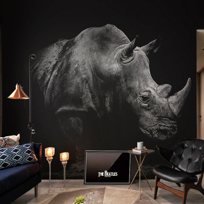 Frendorf | Grijs en Zwart Neushoorn Muurschildering Waterdichte Wandbekleding voor Woonkamer