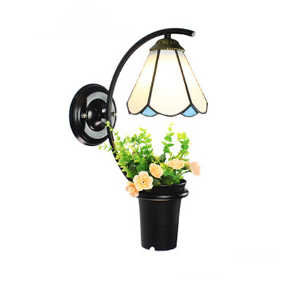 Frendorf | Witte Glazen Kegel Wandlamp Tiffany 1 Kop Zwarte Wandlamp met Bloemdecoratie