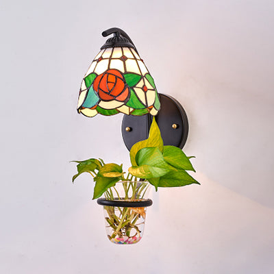 Frendorf | Dome Wandleuchte Tiffany Mehrfarbiges Buntglas 1 Kopf Rot/Orange-Gelb/Blau Wandmontage Licht mit Pflanzendekoration