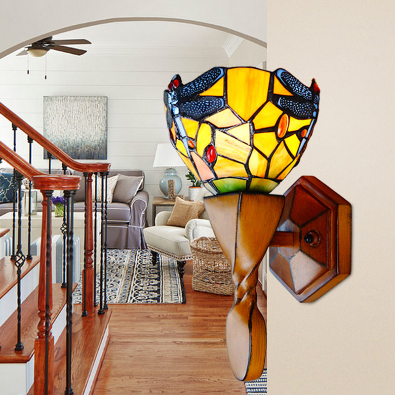 Frendorf | Gelbe Libelle Dekor Wandlampe Vintage Buntglas 1 Kopf Wandlampe Beleuchtung für Flur