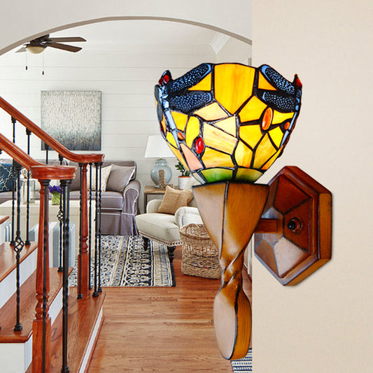Frendorf | Gelbe Libelle Dekor Wandlampe Vintage Buntglas 1 Kopf Wandlampe Beleuchtung für Flur