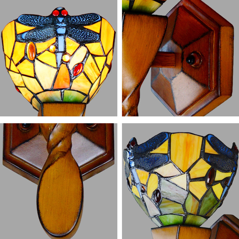Frendorf | Gelbe Libelle Dekor Wandlampe Vintage Buntglas 1 Kopf Wandlampe Beleuchtung für Flur