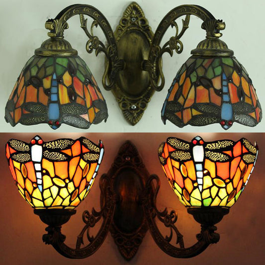 Frendorf | Rustic Loft Libelle Wandlamp met Gebogen Arm Geëmailleerd Glas Dubbele Wandlamp voor Slaapkamer