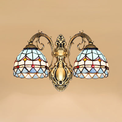 Frendorf | Barokke Koepel Wandlamp met Gebogen Arm Gehard Glas 2 Lichten Wandlamp in Blauw