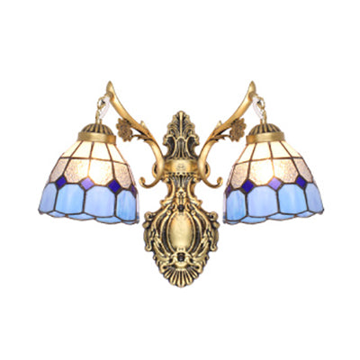 Frendorf | Messing-Finish Schalen Wandleuchte Buntglas 2 Köpfe Tiffany Wandleuchte Licht in Blau für Flur