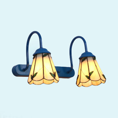 Frendorf | Beige Glas Blau Wandlicht Fixture Lily 2 Köpfe Tiffany Vanity Beleuchtung Fixture für Badezimmer