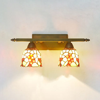 Frendorf | Lodge Style Dome Wandlamp met Zonnebloem/Druif/Geel Bloem/Ochtendglorie Glasscherf 2 Lichten Badkamer Vanity Licht in Messing