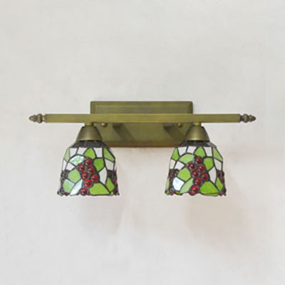 Frendorf | Lodge Style Dome Wandlamp met Zonnebloem/Druif/Geel Bloem/Ochtendglorie Glasscherf 2 Lichten Badkamer Vanity Licht in Messing