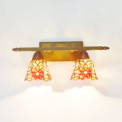 Frendorf | Lodge Style Dome Wandlamp met Zonnebloem/Druif/Geel Bloem/Ochtendglorie Glasscherf 2 Lichten Badkamer Vanity Licht in Messing