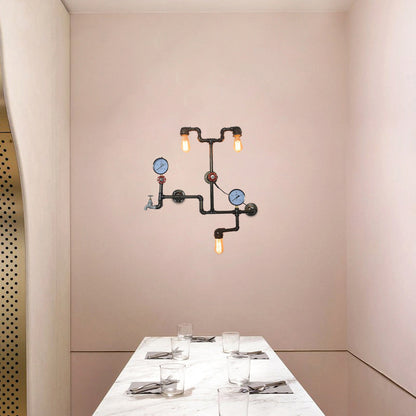 Schwarz/Bronze Finish Fahrradleuchte mit Wasserhahn und Manometer Rustikales Eisen 3 Lichter Esszimmer Wandmontage Leuchte