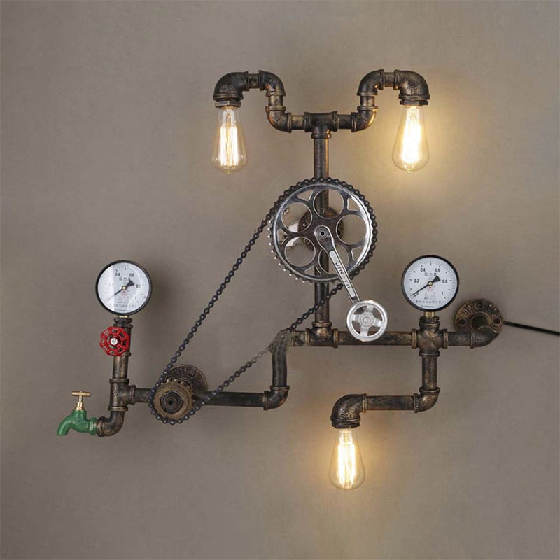 Schwarz/Bronze Finish Fahrradleuchte mit Wasserhahn und Manometer Rustikales Eisen 3 Lichter Esszimmer Wandmontage Leuchte