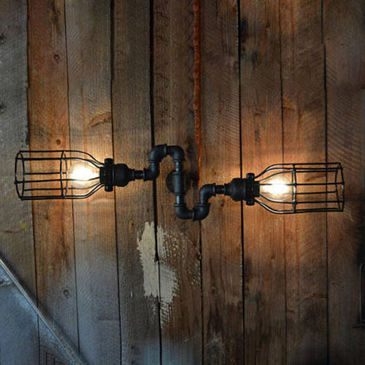 Frendorf | Schwarz Drahtrahmen Wandleuchte mit Rohr Rustikales Metall 2 Lichter Restaurant Wandleuchte Licht