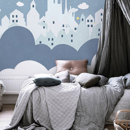 Frendorf | Sterren- en Wolkenmuurverf in Pastelblauw, Scandinavische Wanddecoratie voor Jongens of Meisjes