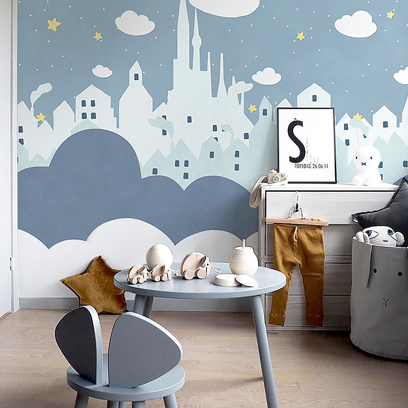 Frendorf | Sterren- en Wolkenmuurverf in Pastelblauw, Scandinavische Wanddecoratie voor Jongens of Meisjes