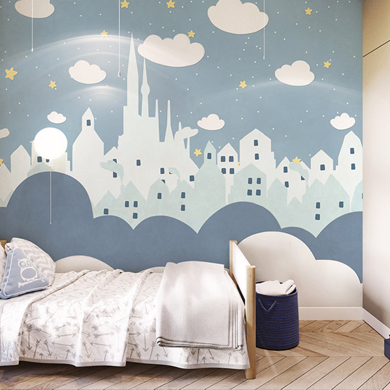 Frendorf | Sterren- en Wolkenmuurverf in Pastelblauw, Scandinavische Wanddecoratie voor Jongens of Meisjes