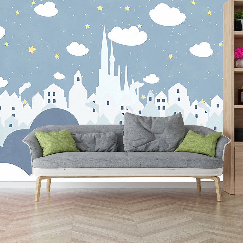 Frendorf | Sterren- en Wolkenmuurverf in Pastelblauw, Scandinavische Wanddecoratie voor Jongens of Meisjes