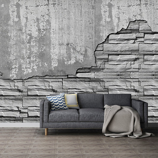 Frendorf | Giant Distressed Brick Wall Art in Dark Grey Non-Woven Fabric Wall Mural for Home Decor, Custom-Printed