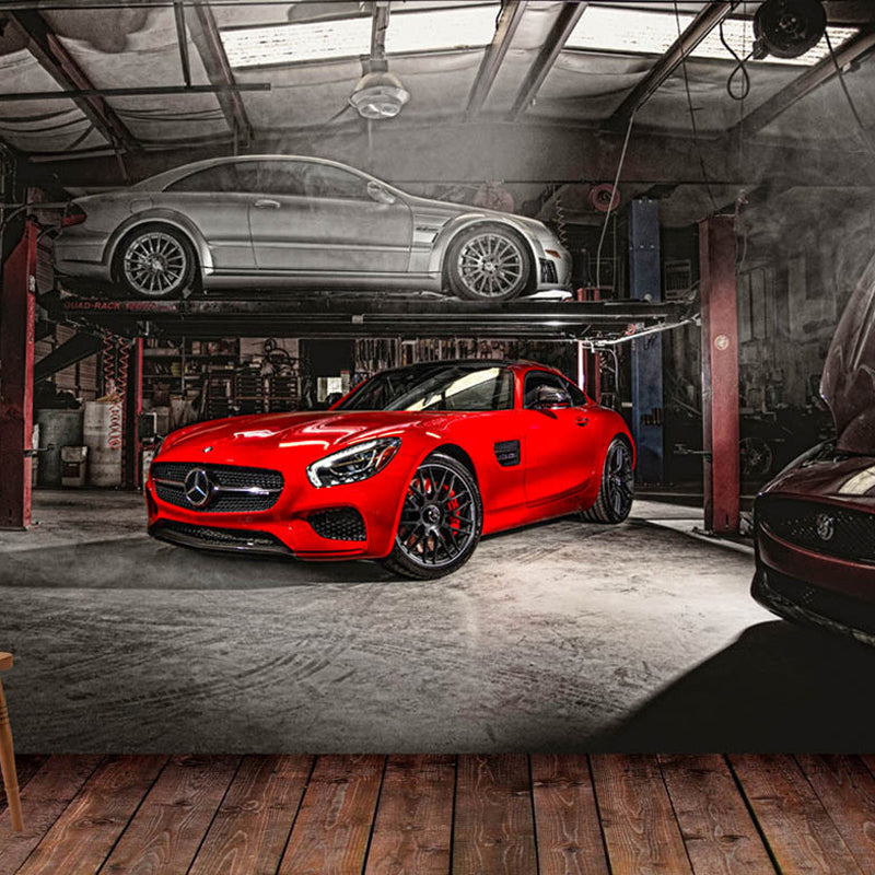 Frendorf | Rode Auto en Fabrieksmuur Muurdecoratie Vlekbestendige Wandkunst voor Autoschop