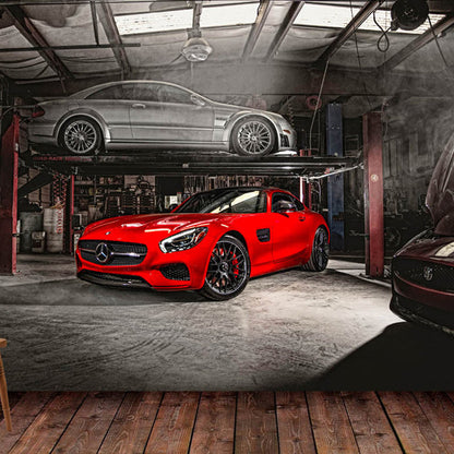 Frendorf | Rode Auto en Fabrieksmuur Muurdecoratie Vlekbestendige Wandkunst voor Autoschop