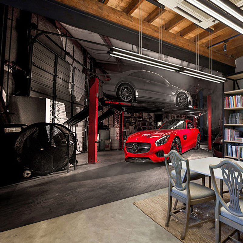 Frendorf | Rode Auto en Fabrieksmuur Muurdecoratie Vlekbestendige Wandkunst voor Autoschop