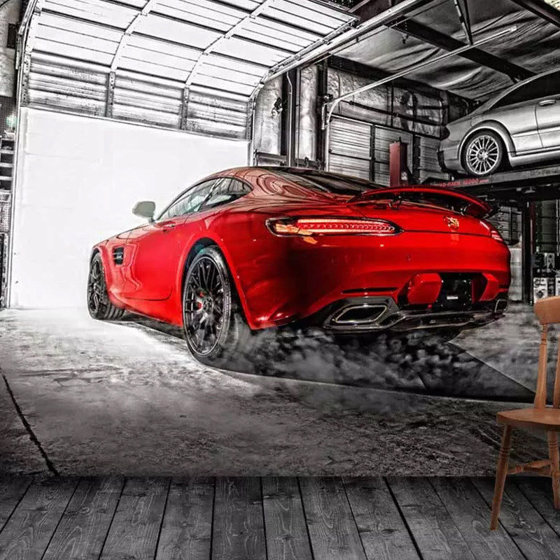 Frendorf | Rode Auto en Fabrieksmuur Muurdecoratie Vlekbestendige Wandkunst voor Autoschop