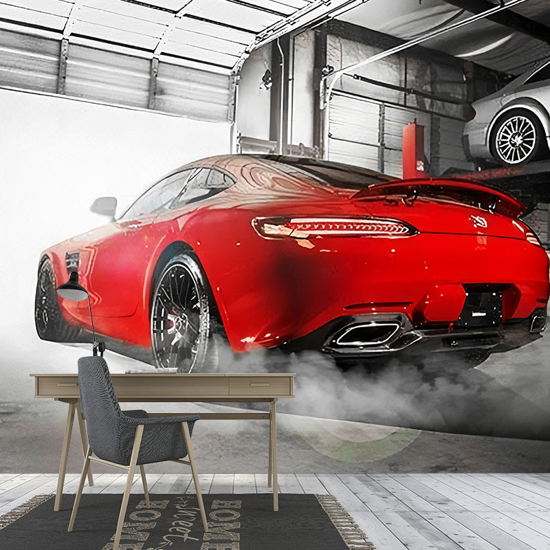 Frendorf | Rode Auto en Fabrieksmuur Muurdecoratie Vlekbestendige Wandkunst voor Autoschop