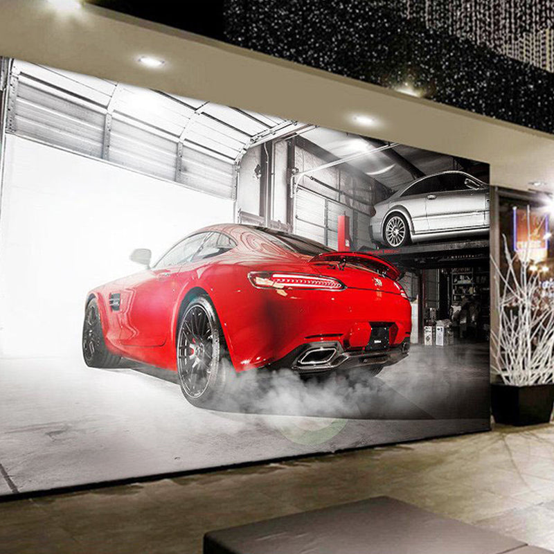 Frendorf | Rode Auto en Fabrieksmuur Muurdecoratie Vlekbestendige Wandkunst voor Autoschop