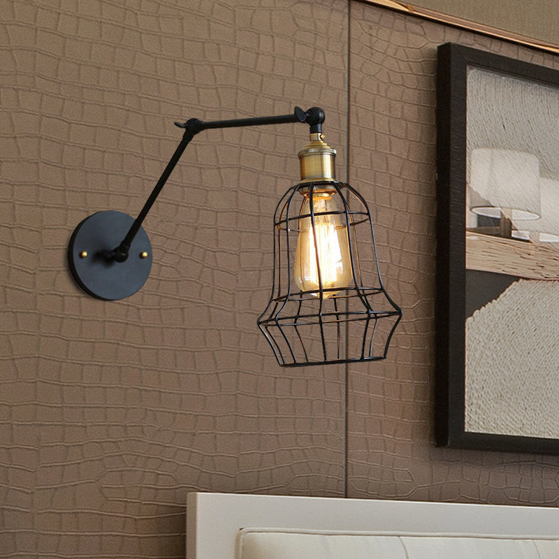 Frendorf | Schwarze Globe/Träne Wand sconce Beleuchtung mit Käfigschatten Retro Metall 1 Lichtarm verstellbare Wandmontage Licht