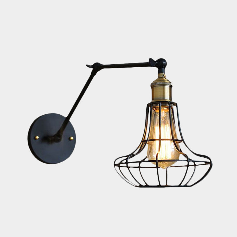 Frendorf | Schwarze Globe/Träne Wand sconce Beleuchtung mit Käfigschatten Retro Metall 1 Lichtarm verstellbare Wandmontage Licht