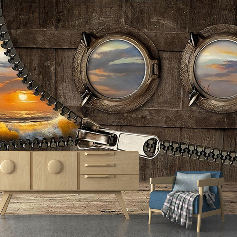 Frendorf | Braunes Retro Wandbild Vollgröße Zig und Segelboot Wanddekoration für Akzentwand