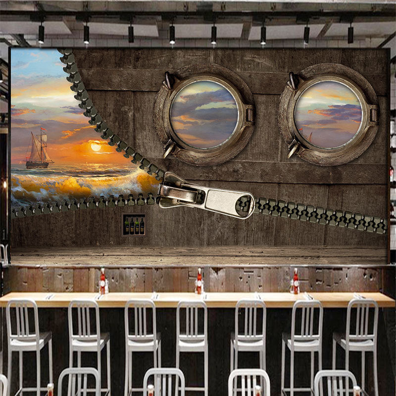 Frendorf | Braunes Retro Wandbild Vollgröße Zig und Segelboot Wanddekoration für Akzentwand