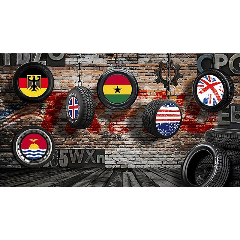 Frendorf | Braun und Schwarz Vintage Wandgemälde Personalisierte Größe Rad Reifen und Ziegelmauer Kunst für Café