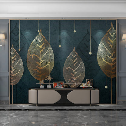 Frendorf | Blatt Wandverkleidung Wohnzimmer Personalisierte Wandtapete in Schwarzgrün
