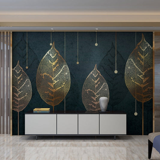 Frendorf | Blatt Wandverkleidung Wohnzimmer Personalisierte Wandtapete in Schwarzgrün