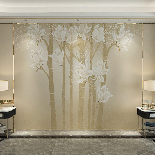 Frendorf | Benutzerdefinierte Illustration Minimalistische Wandtapete für das Wohnzimmer mit eleganter Magnolie in Beige und Gelb