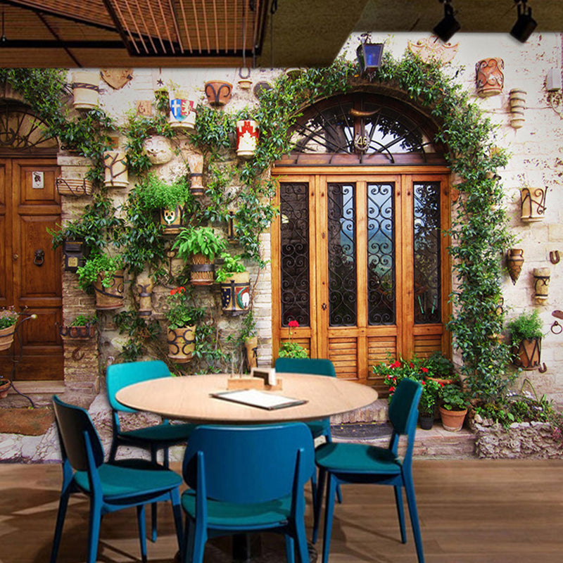 Frendorf | Braun Tür und Straßen Wandmural Tapete Wasserfest Wanddekoration für Café