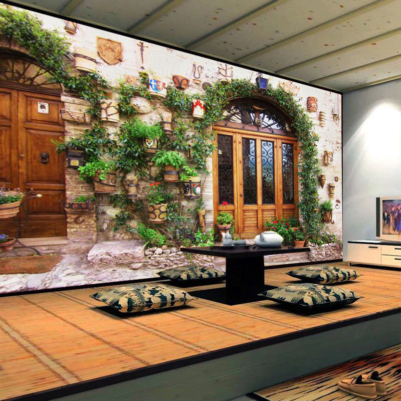 Frendorf | Braun Tür und Straßen Wandmural Tapete Wasserfest Wanddekoration für Café