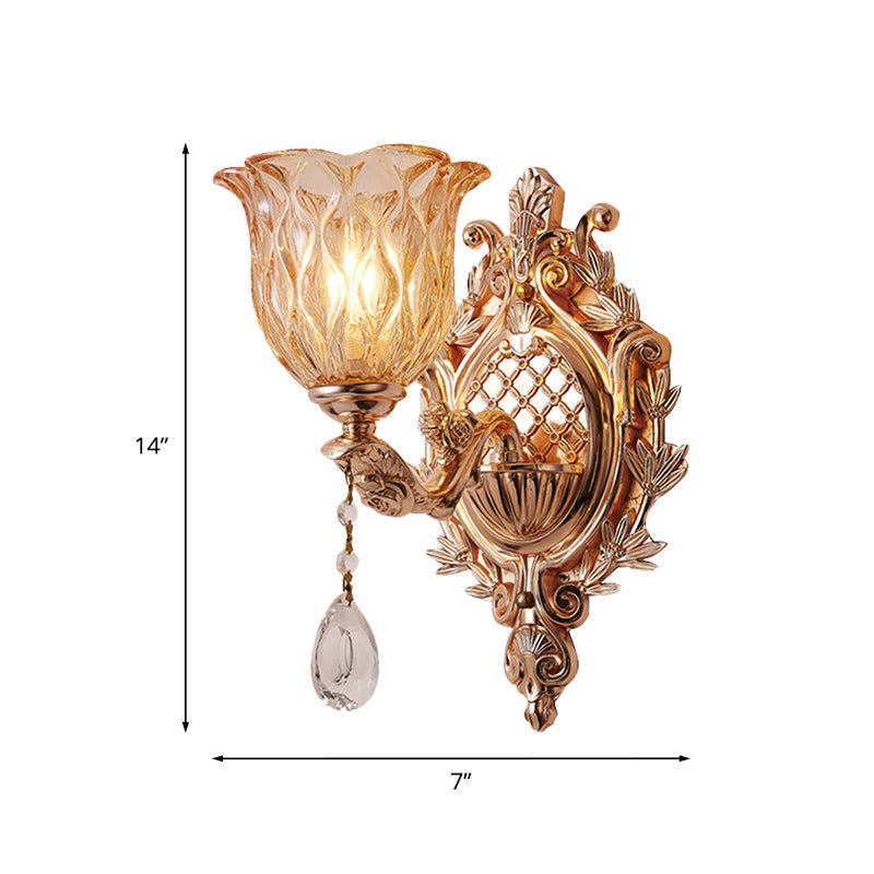 Frendorf | Amber Rattan Glas Floral Wandlamp Traditionele Een-Lampen Woonkamer Wandverlichting in Goud