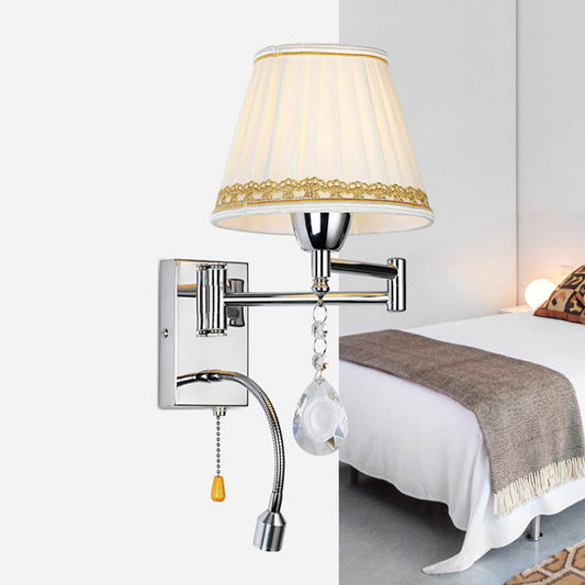 Frendorf | 1-Kopfleselampe Wandlampe Modern Faltenstoff Geflochtene Kante Kegel Wandleuchte mit verstellbarem Chromarm