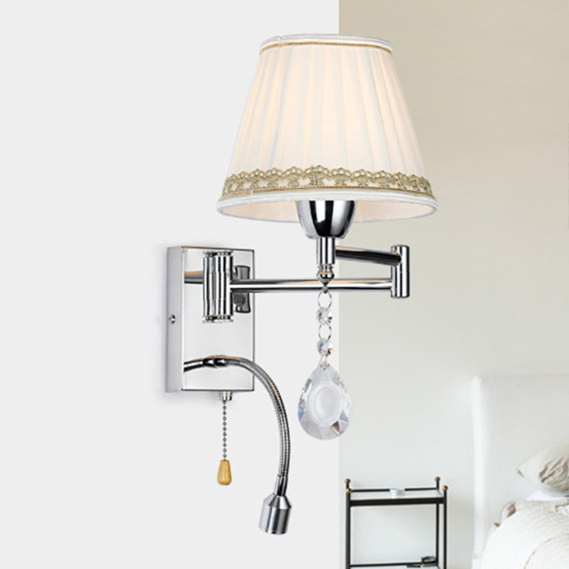 Frendorf | 1-Kopfleselampe Wandlampe Modern Faltenstoff Geflochtene Kante Kegel Wandleuchte mit verstellbarem Chromarm
