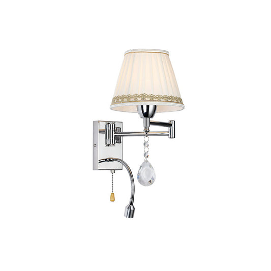 Frendorf | 1-Kopfleselampe Wandlampe Modern Faltenstoff Geflochtene Kante Kegel Wandleuchte mit verstellbarem Chromarm