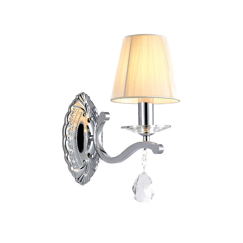 Frendorf | 1/2-Kopf Plissee Stoff Wandlicht Modernismus Beige Kegel Ecke Wandleuchte mit verchromtem gebogenem Arm