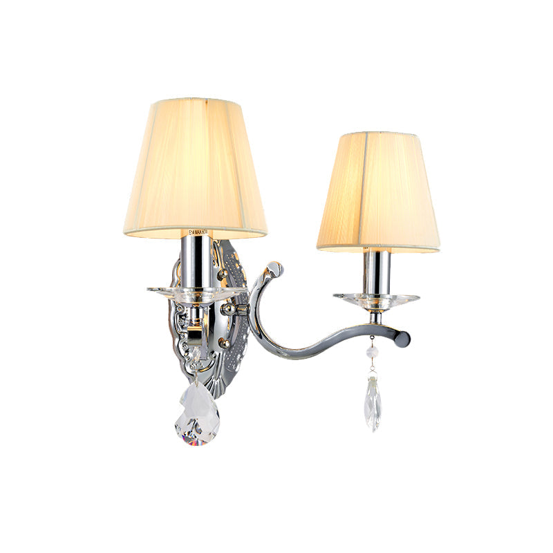 Frendorf | 1/2-Kopf Plissee Stoff Wandlicht Modernismus Beige Kegel Ecke Wandleuchte mit verchromtem gebogenem Arm